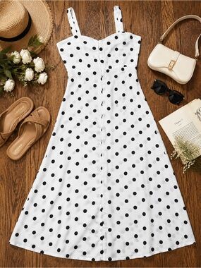 Polka Dot Midi Dress Size Small Black & White Cottagecore Sundress